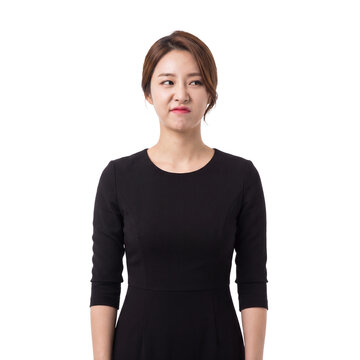 Woman disgust expression transparent background skeptical displeased black dress isolated Displeased adult turns aside with pursed lips and a doubtful grimace for rejection and reaction concepts