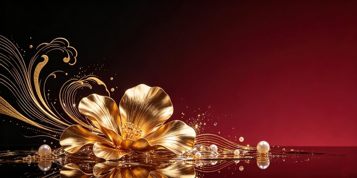 Black Red Metallic Gold Flower Pearls Water Reflections