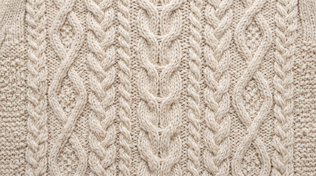 Close up of beige cable knit sweater texture with intricate braided patterns