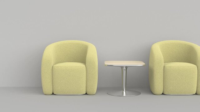 Two boucle armchairs and a modern coffee table indoors