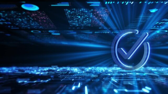 Bright confirmation icon appears cyber interface technology displays. for authentication, validation, privacy, online security, system checks, trusted services, results, audits, corporate messaging.