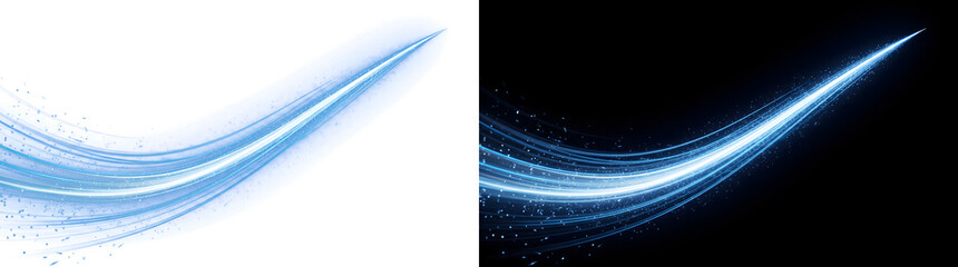 Blue light swoosh curves upward with glowing sparkling particles trailing across black, ideal for tech banners in PNG, Transparent and Black Background Versions © Guddoo