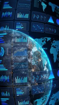 Earth appears analytics dashboard filled maps charts graphs, gauges, visual data panels. business intelligence, global finance, market research, reports, statistics, strategy, planning, digital