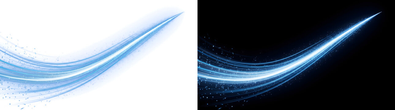 Blue light swoosh curves upward with glowing sparkling particles trailing across black, ideal for tech banners in PNG, Transparent and Black Background Versions