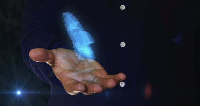 Startup business rocket launch 3d symbol over man hand. Cyber technology icon abstract concept seamless and loopable.