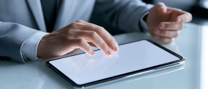 Man in suit taps tablet
