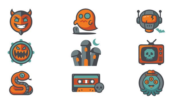 Halloween horror icons set, spooky cartoon character stickers, 9 orange and teal flat vector elements for holiday design