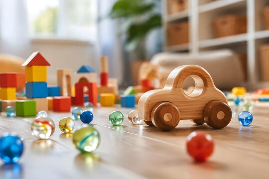 Wooden Toy Car with Colorful Marbles and Blocks Creates Playful Childhood Memory in Bright Playroom