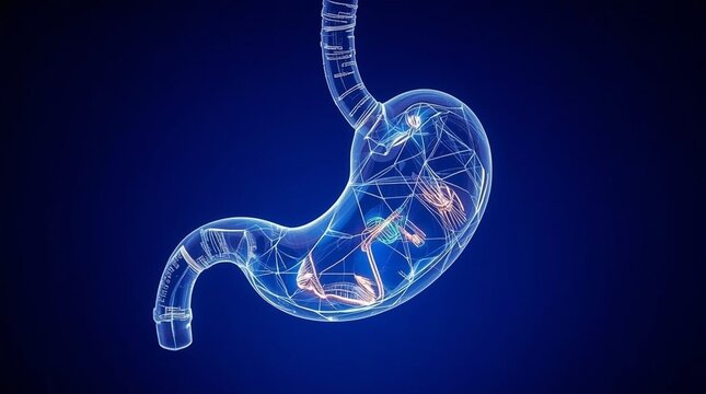 Human stomach digestive system anatomy, glowing medical wireframe visualization. Gastrointestinal organ healthcare concept, digestive tract illustration, gastric anatomy, internal abdominal organ, gas