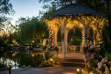 Fototapeta premium Empty Flower-Decorated Gazebo With Fairy Lights Beside Tranquil Garden Pond Creates Romantic Memory Atmosphere Beautifully