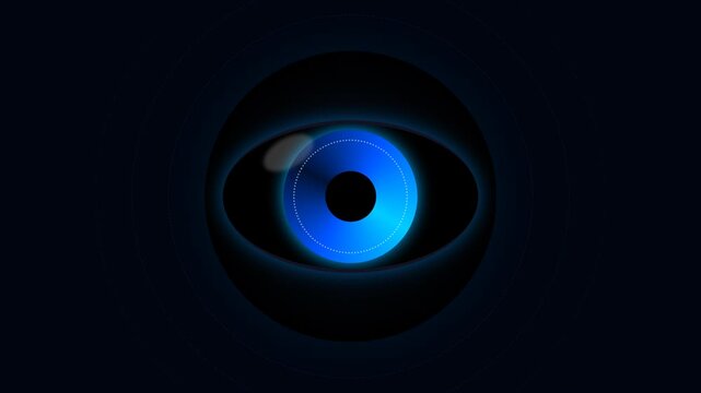 Cybernetic Eye Awakening Animation with Glowing Blue Iris and Scanning Ring