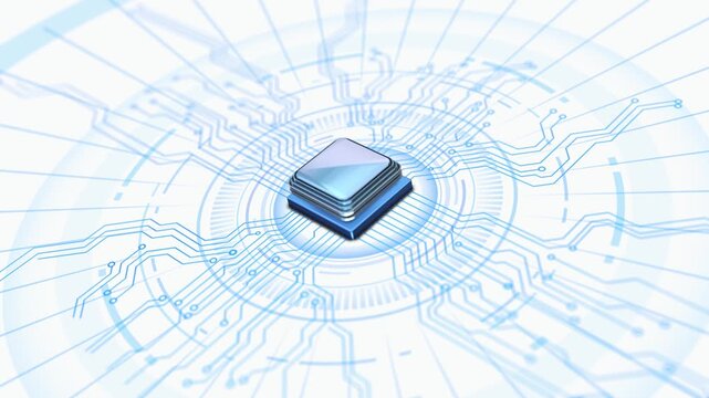 Blue circuit paths radiate microchip modern interface advanced processing. machine learning, neural computing, electronics, engineering, cloud systems, robotics, innovation, corporate 19 media