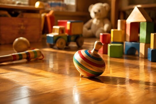 Colorful Wooden Spinning Top on Polished Floor with Classic Toys Creates Golden Childhood Nostalgia Visual