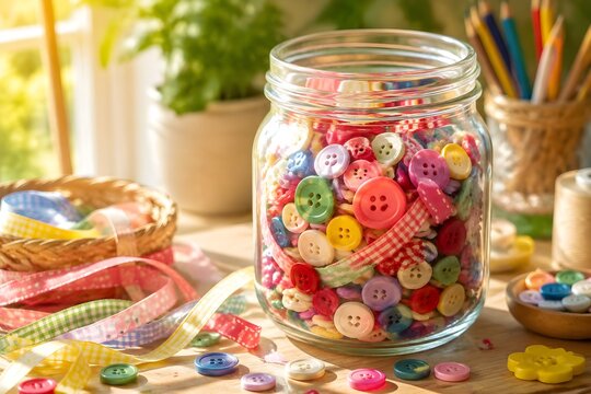 Jar of Colorful Buttons and Ribbons Beside Craft Supplies Inspires Cheerful Creative Childhood Memories Today