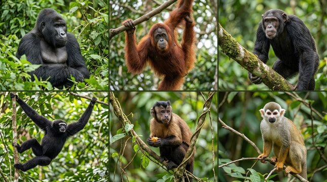 A captivating glimpse into the diverse world of primates showcasing gorillas orangutans and proboscis monkeys in their lush natural habitats revealing their unique behaviors
