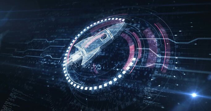 Startup business rocket launch symbol digital concept. Cyber technology and computer background abstract 3d animation. Seamless and loopable.