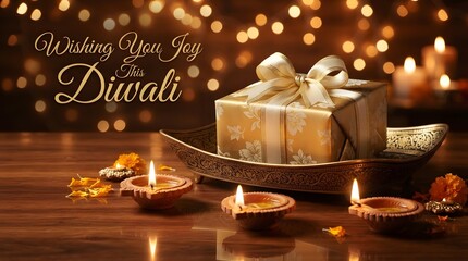 Obraz premium Elegant diwali greeting card featuring a wrapped gift box surrounded by glowing traditional oil lamps on a wooden table