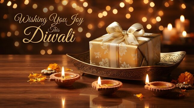Elegant diwali greeting card featuring a wrapped gift box surrounded by glowing traditional oil lamps on a wooden table
