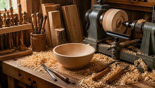 Woodturning Hobby Setup with Unfinished Wooden Bowl Lathe Tools and Curled Shavings on Workbench Display