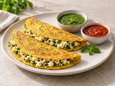 Moong Dal Chilla Filled with Paneer and Served with Two Chutneys
