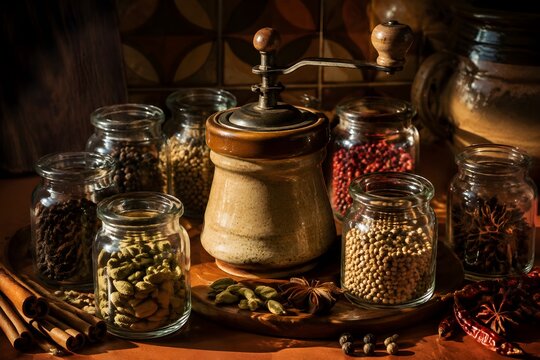 Ceramic Spice Grinder with Whole Spices in Glass Jars Creates Earthy Seventies Kitchen Styling Scene