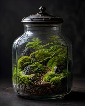 Vintage Glass Moss Terrarium with Tiny Stones and Ferns Creates Moody Miniature Landscape Decor Indoors