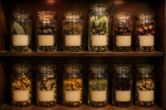 Botanical Specimen Jars with Leaves Seeds and Dried Flowers Create Vintage Dark Wood Natural History