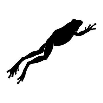 Black jumping frog silhouette isolated on white background. Minimalist amphibian leaping mid-air for nature logo design, wildlife concept illustration, and biology educational presentations.