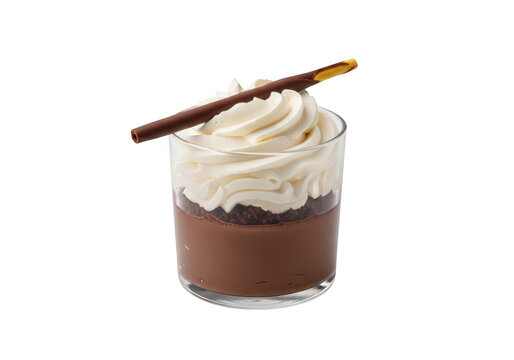 Chocolate mousse dessert with whipped cream isolated on transparent background