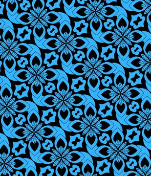 Blue and black seamless floral pattern with intricate ornamental motifs, ideal for textile, wallpaper and decorative designs