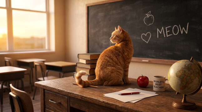Ginger tabby cat sitting on teacher desk in classroom, orange cat in school room with chalkboard, academic feline pet
