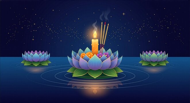 Minimal Luxury Loy Krathong Floating Candle Illustration