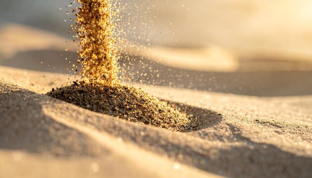 Close-up of Golden Sand Pouring Down in Slow Motion, Desert Dunes, Sunlight