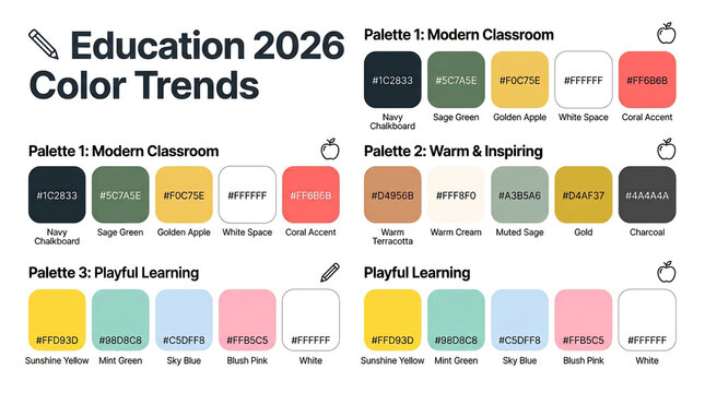 Education 2026 color trends, modern classroom palette with hex codes, playful learning color scheme for school branding