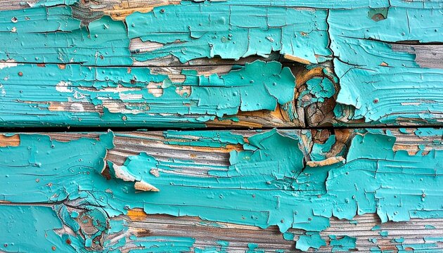 Close-up of weathered turquoise paint peeling off wooden planks, abstract texture