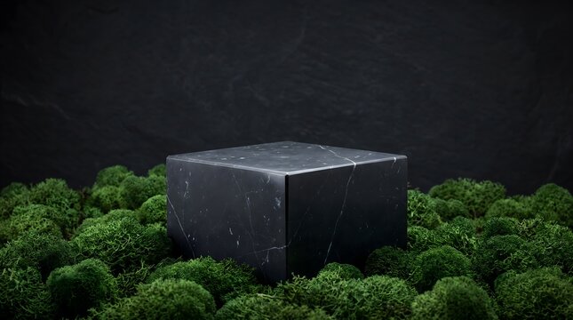 Luxury 3D product display mockup of honed dark nero marquina marble cube block resting on vibrant preserved green moss bed with overhead softbox studio lighting and dark slate copy space backdrop
