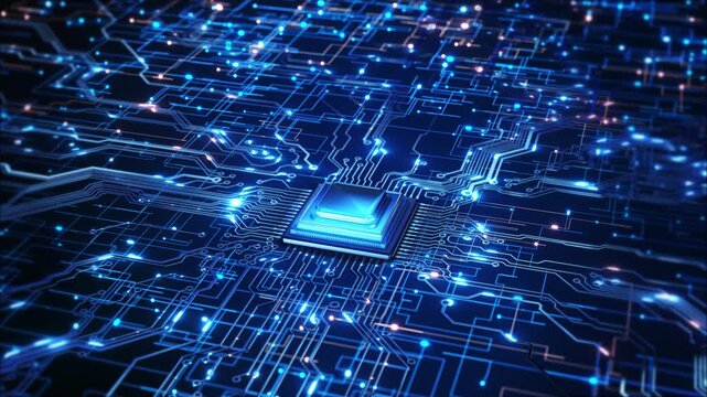 Microchip circuit paths electronic network. computing, AI acceleration, edge infrastructure, processors, digital transformation, electronics manufacturing, server 19 science presentations.