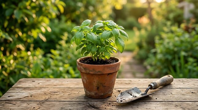 Fresh green basil plant in a small brown clay pot with a gardening trowel on a rustic wooden garden table