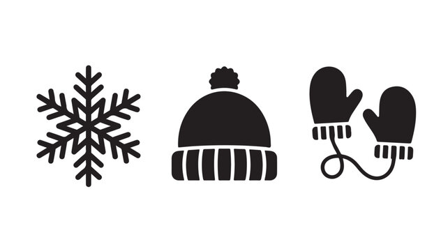Winter icons set with black snowflake, warm winter hat and mittens vector