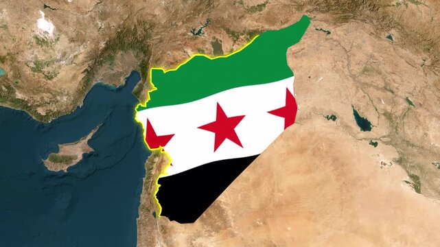 Satellite map animation of Syria. Clouds moves away and a yellow outline of the country's border drawing itself with a waving national flag in ink shape. Concept for broadcast, social media.
