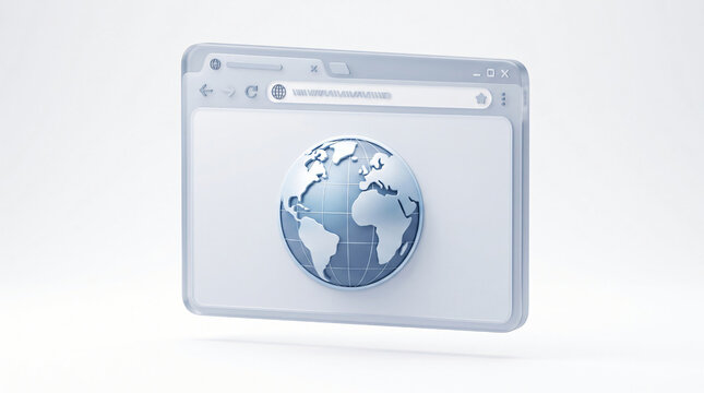Browser window and global globe icon. 3D internet browser interface with planet earth sphere symbol