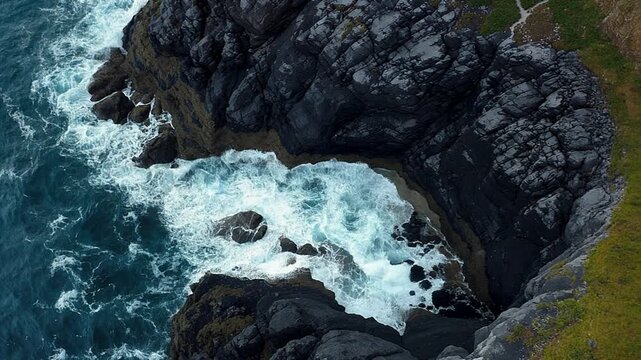 A realistic aerial coastal scene showing natural sea foam gathering around dark volcanic rocks, suitable for marine science, environmental research, oceanography, and nature footage.