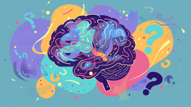 A flat vector illustration of a human brain with swirling neural pathways and glowing synapses, surrounded by playful question marks in soft pastel tones whimsical, conceptual, and modern.