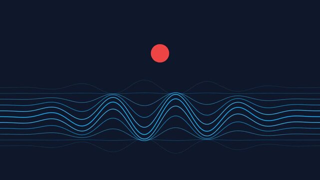 Minimalist abstract wave illustration with a red sun on a dark background.