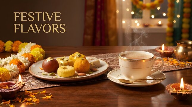 Traditional indian sweets and a cup of hot tea served during the diwali festival celebration at home