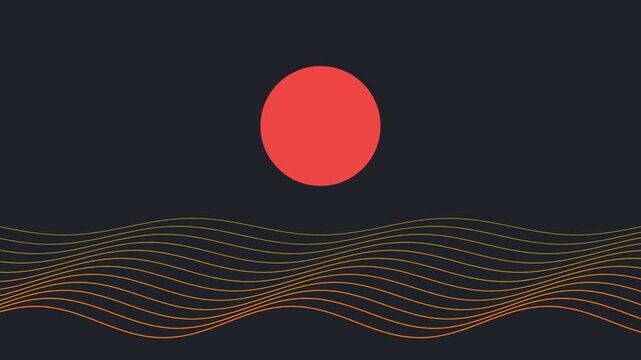 Minimalist abstract illustration of a red sun over wavy lines on a dark background.