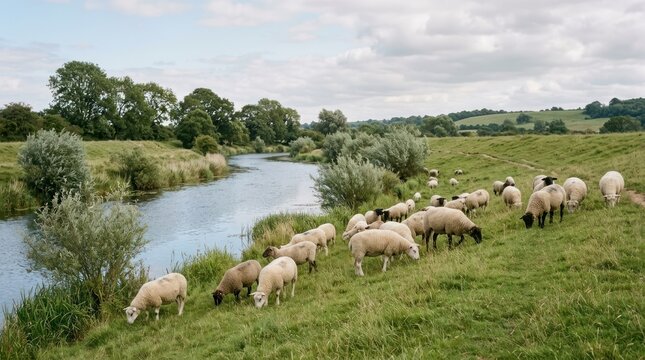 peaceful group of sheep grazing along calm natural river bank