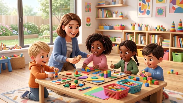 Happy diverse teacher teaching preschool kids in colorful kindergarten classroom, children playing with educational toys and building blocks, 3d cartoon style