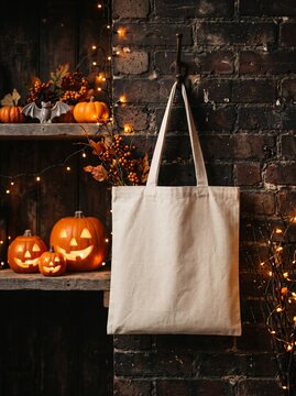 Blank canvas tote bag mockup hanging on brick wall decorated with cozy Halloween pumpkins and string lights.