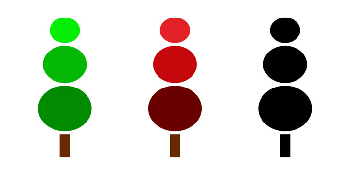 Logo &aacute;rbol geom&eacute;trico. Grupo de dibujos sencillos de un &aacute;rbol abstracto con follaje formado por &oacute;valos en horizontal, en color verde, rojo y negro 